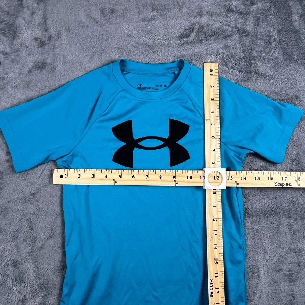 Under Armour Tech Shirt Youth Small Bright Blue Big Logo Loose Fit Performance